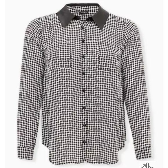 Torrid Madison black & white Houndstooth faux leather collar Button blouse sz 3 - Picture 1 of 11